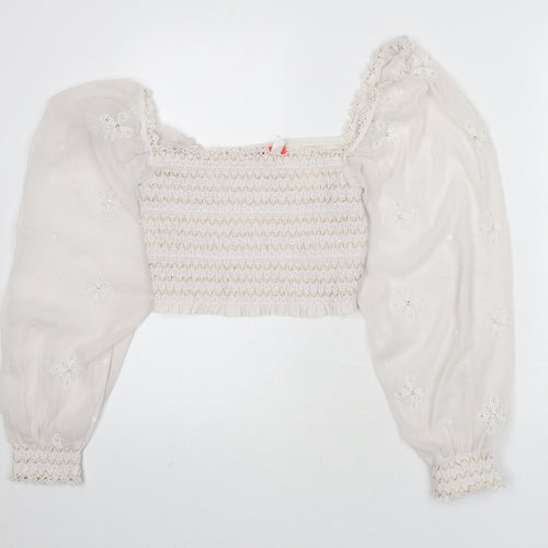 River Island Womens Ivory Polyester Cropped Blouse Size M Square Neck - Embroidered Detail, Stitch Detail