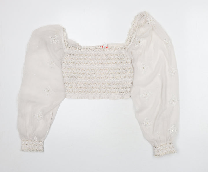 River Island Womens Ivory Polyester Cropped Blouse Size M Square Neck - Embroidered Detail, Stitch Detail
