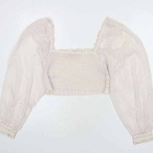 River Island Womens Ivory Polyester Cropped Blouse Size M Square Neck - Embroidered Detail, Stitch Detail