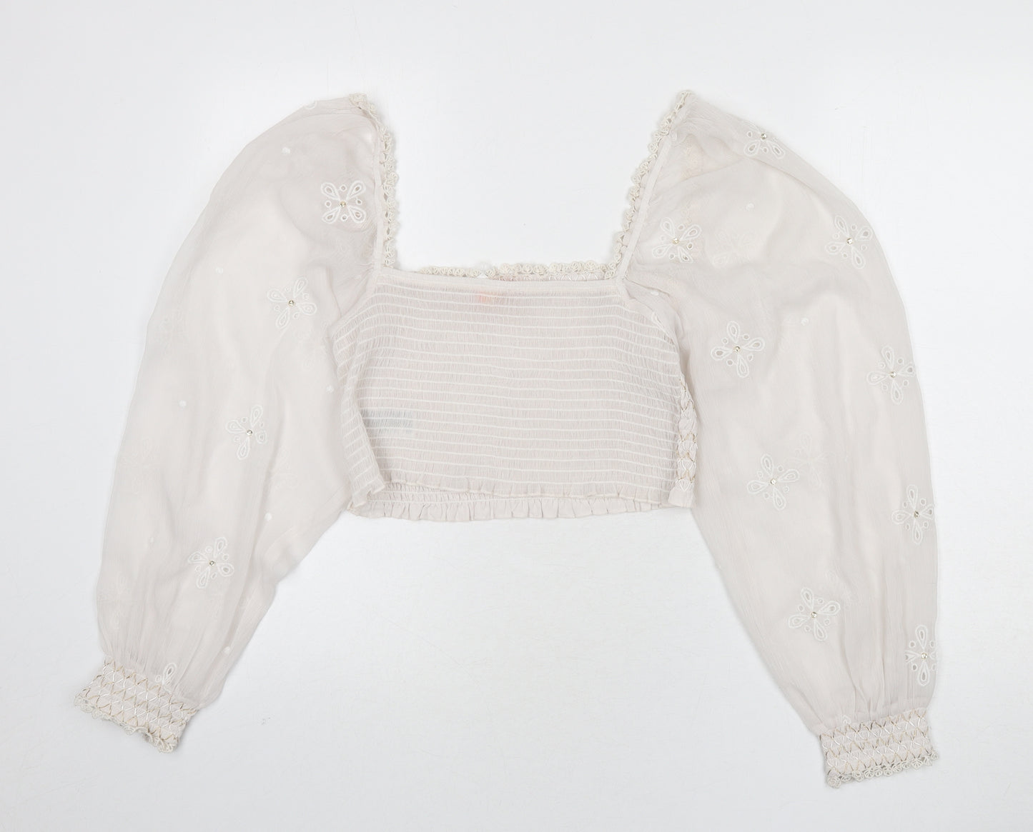 River Island Womens Ivory Polyester Cropped Blouse Size M Square Neck - Embroidered Detail, Stitch Detail