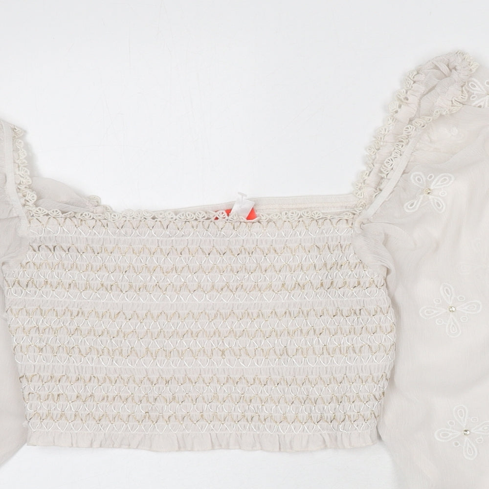River Island Womens Ivory Polyester Cropped Blouse Size M Square Neck - Embroidered Detail, Stitch Detail