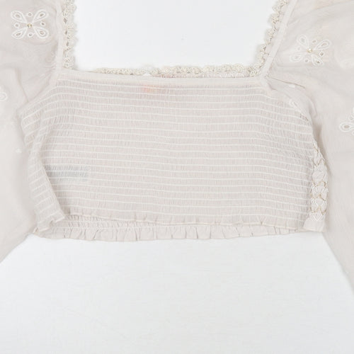 River Island Womens Ivory Polyester Cropped Blouse Size M Square Neck - Embroidered Detail, Stitch Detail