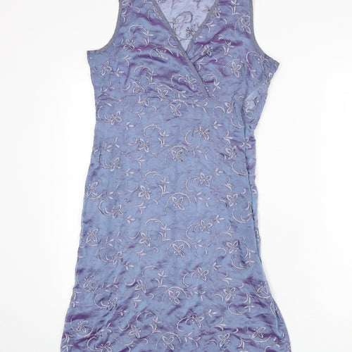 St Michael Womens Blue Floral Polyester A-Line Size 10 V-Neck Pullover - Embroidered Detail