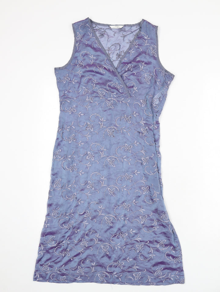 St Michael Womens Blue Floral Polyester A-Line Size 10 V-Neck Pullover - Embroidered Detail