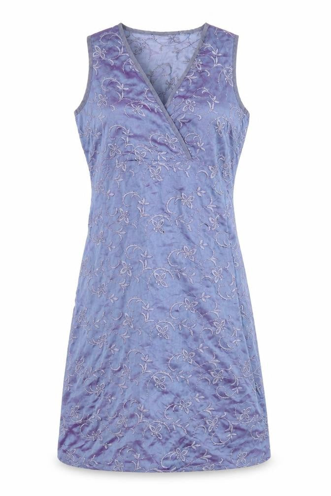 Front view of St Michael women’s blue floral polyester a-line, size UK 10, v-neck pullover - embroidered detail