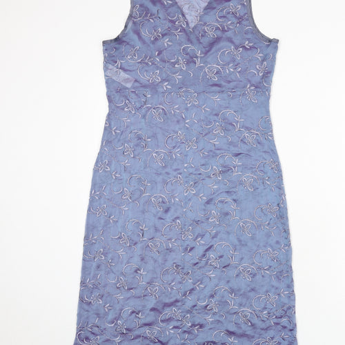 St Michael Womens Blue Floral Polyester A-Line Size 10 V-Neck Pullover - Embroidered Detail