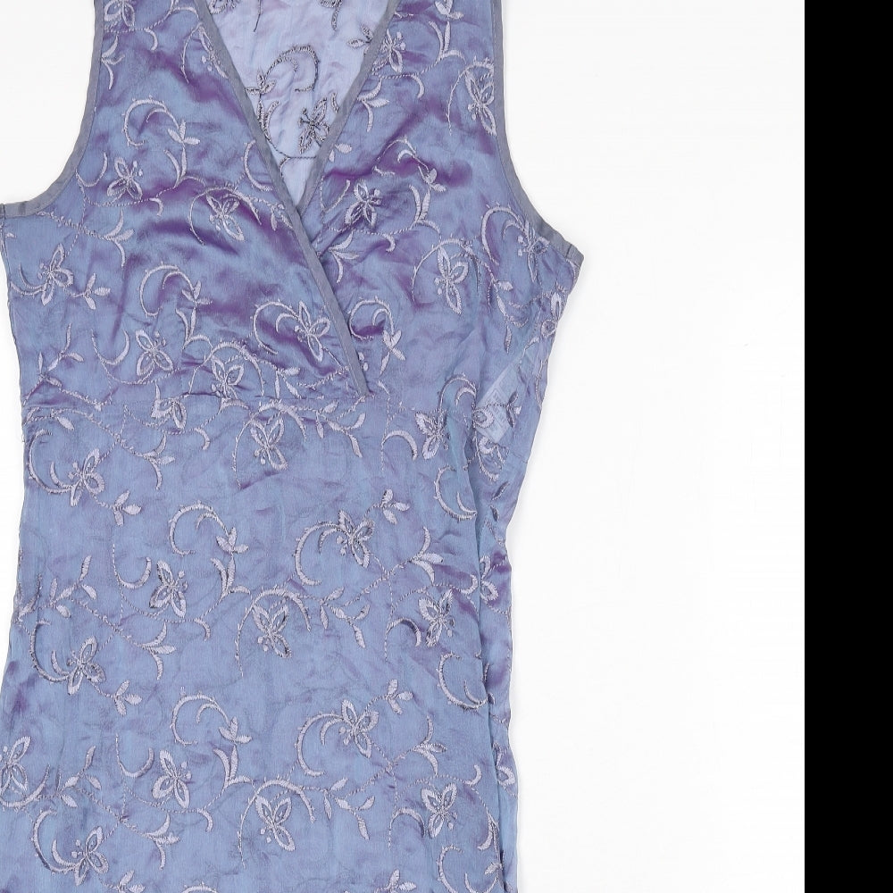 St Michael Womens Blue Floral Polyester A-Line Size 10 V-Neck Pullover - Embroidered Detail