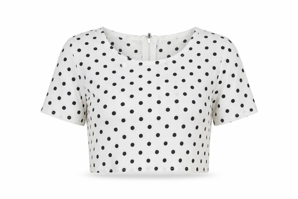 Front view of Missguided women’s white polka dot polyester cropped blouse, size UK 8, round neck