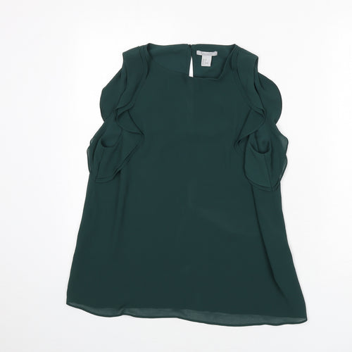 H&M Womens Green Polyester Basic Blouse Size 10 Round Neck - Ruffle Detail