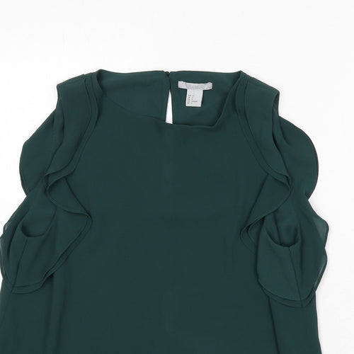 H&M Womens Green Polyester Basic Blouse Size 10 Round Neck - Ruffle Detail