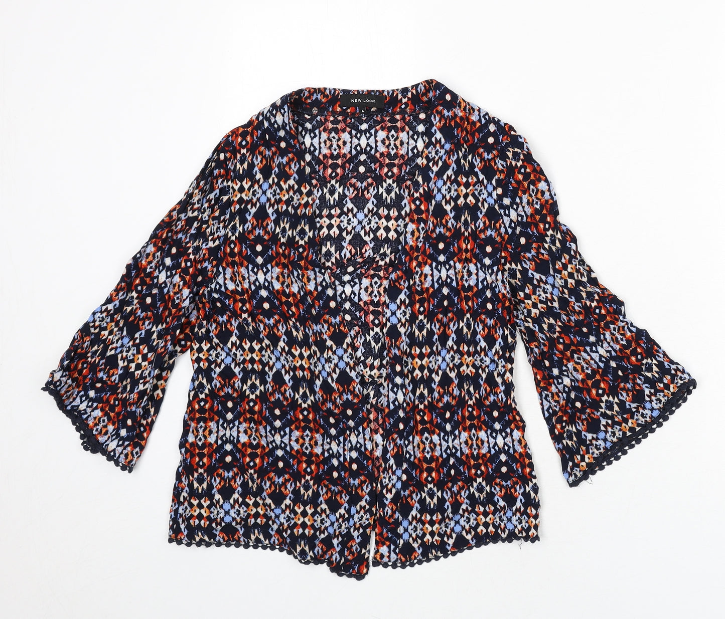 New Look Womens Multicoloured Geometric Viscose Kimono Blouse Size 6 V-Neck - Lace Trim