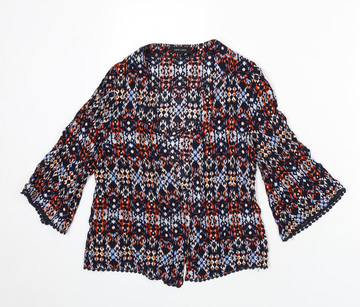 New Look Womens Multicoloured Geometric Viscose Kimono Blouse Size 6 V-Neck - Lace Trim