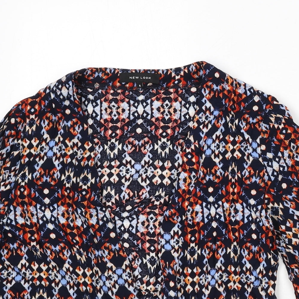 New Look Womens Multicoloured Geometric Viscose Kimono Blouse Size 6 V-Neck - Lace Trim