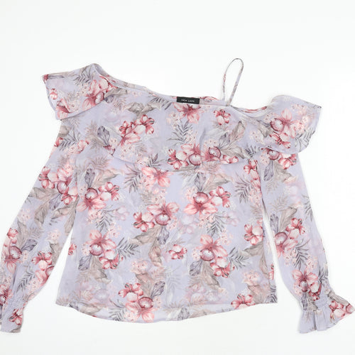 New Look Womens Purple Floral Polyester Basic Blouse Size 10 Scoop Neck - Ruffle Detail