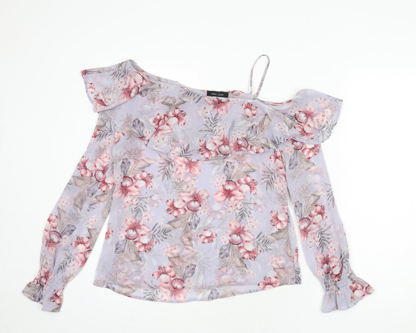 New Look Womens Purple Floral Polyester Basic Blouse Size 10 Scoop Neck - Ruffle Detail