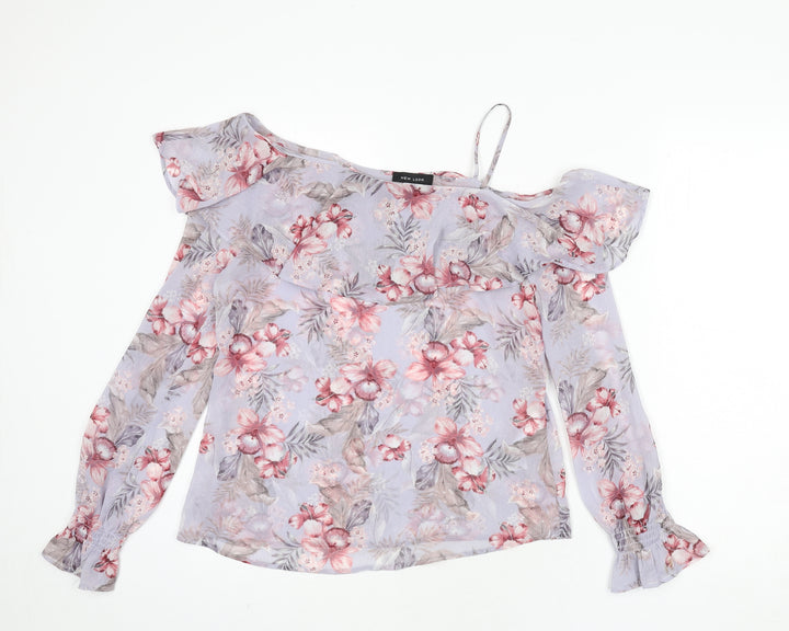 New Look Womens Purple Floral Polyester Basic Blouse Size 10 Scoop Neck - Ruffle Detail