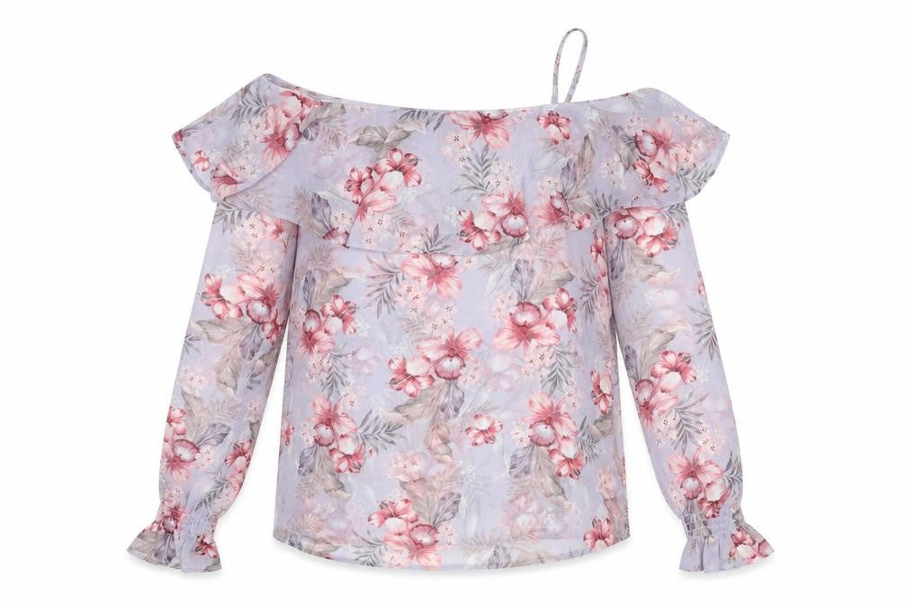 Front view of New Look women’s purple floral polyester basic blouse, size UK 10, scoop neck - ruffle detail