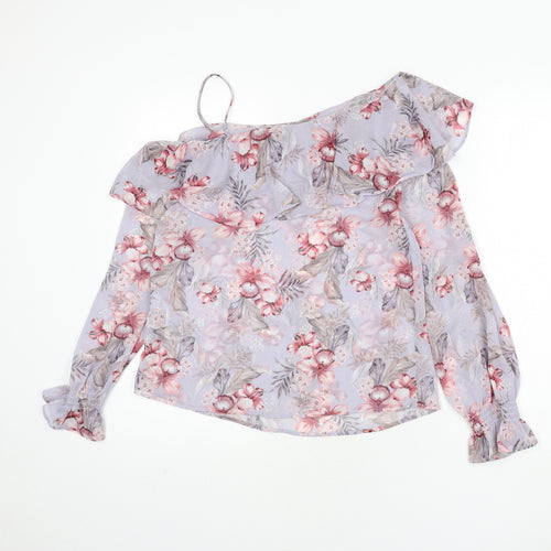 New Look Womens Purple Floral Polyester Basic Blouse Size 10 Scoop Neck - Ruffle Detail