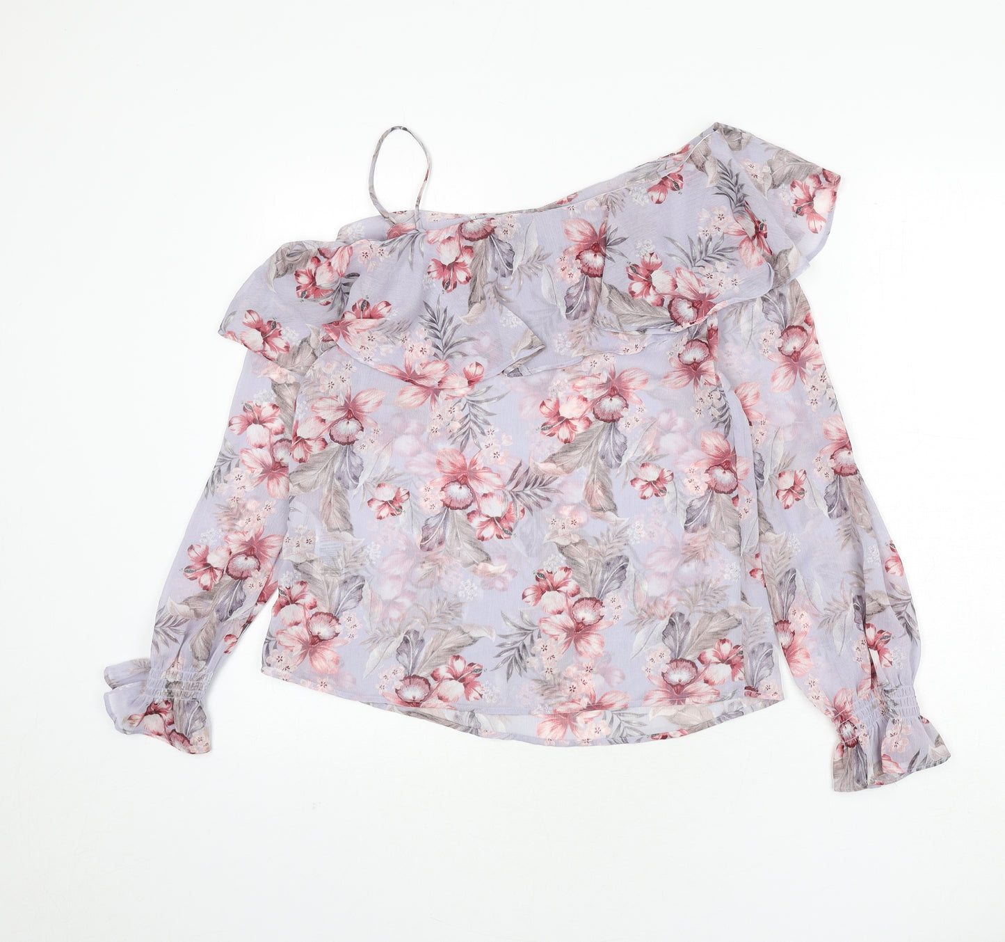 New Look Womens Purple Floral Polyester Basic Blouse Size 10 Scoop Neck - Ruffle Detail