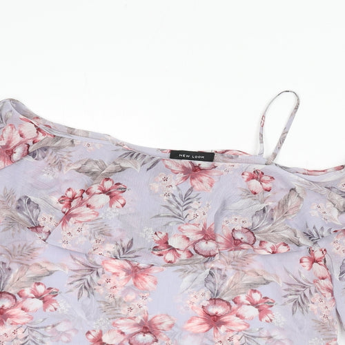 New Look Womens Purple Floral Polyester Basic Blouse Size 10 Scoop Neck - Ruffle Detail