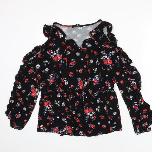 Very Womens Black Floral Viscose Basic T-Shirt Size 14 V-Neck - Tie Detail, Ruffles