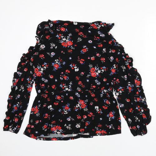 Very Womens Black Floral Viscose Basic T-Shirt Size 14 V-Neck - Tie Detail, Ruffles