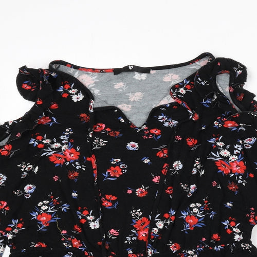 Very Womens Black Floral Viscose Basic T-Shirt Size 14 V-Neck - Tie Detail, Ruffles