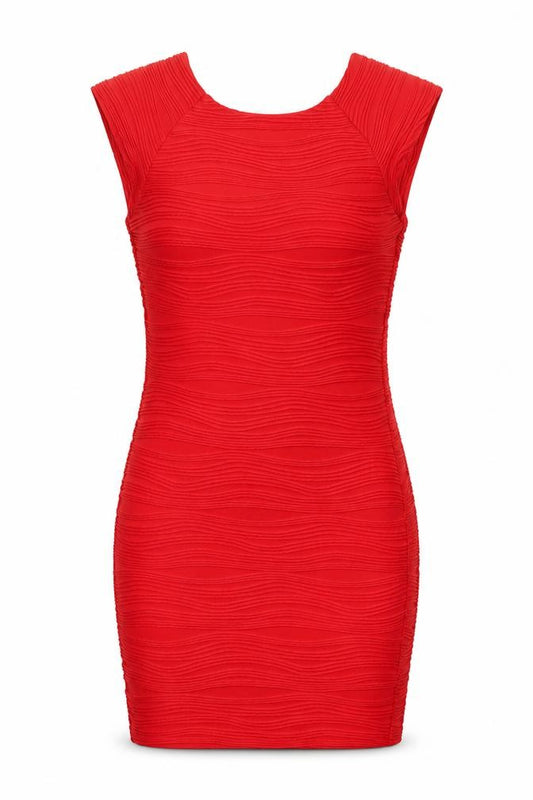 Front view of AX Paris women’s red striped polyester bodycon, size UK 10, round neck pullover