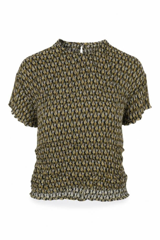 Front view of H&M women’s multicoloured geometric viscose cropped blouse, size UK 8, round neck