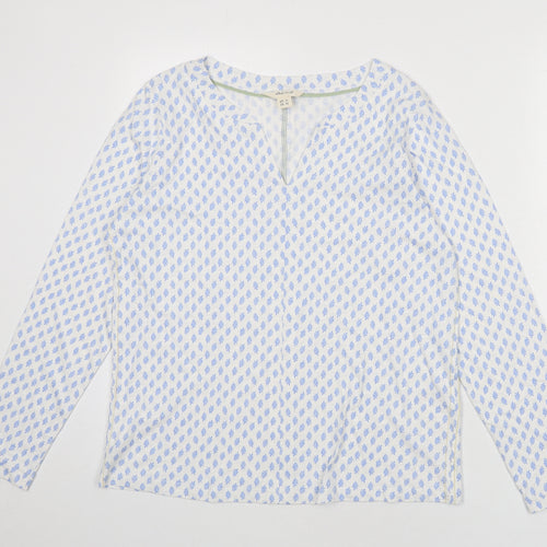 White Stuff Womens White Geometric 100% Cotton Basic T-Shirt Size 14 V-Neck - Leaf Print