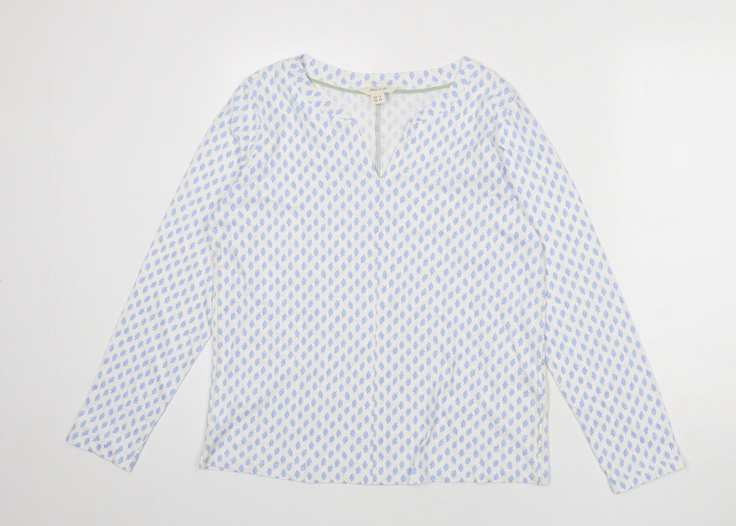 White Stuff Womens White Geometric 100% Cotton Basic T-Shirt Size 14 V-Neck - Leaf Print