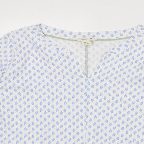 White Stuff Womens White Geometric 100% Cotton Basic T-Shirt Size 14 V-Neck - Leaf Print