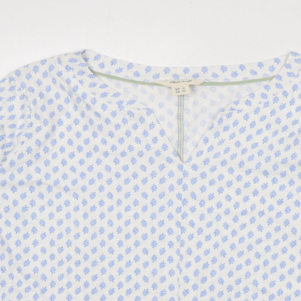 White Stuff Womens White Geometric 100% Cotton Basic T-Shirt Size 14 V-Neck - Leaf Print