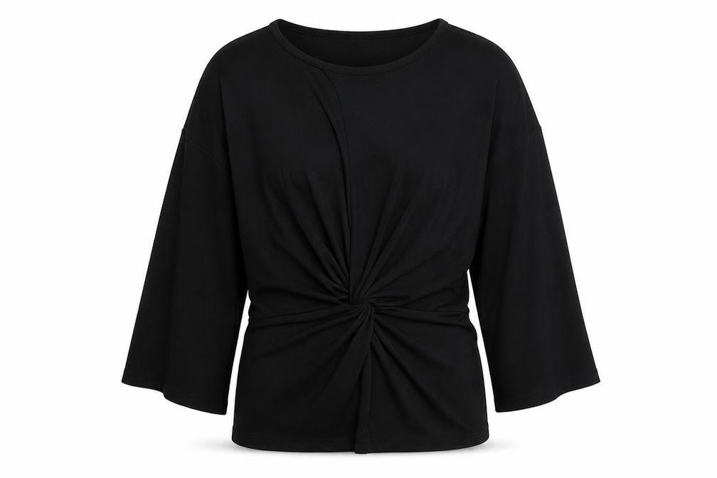 Front view of river is women’s black polyester basic blouse, size UK 10, round neck