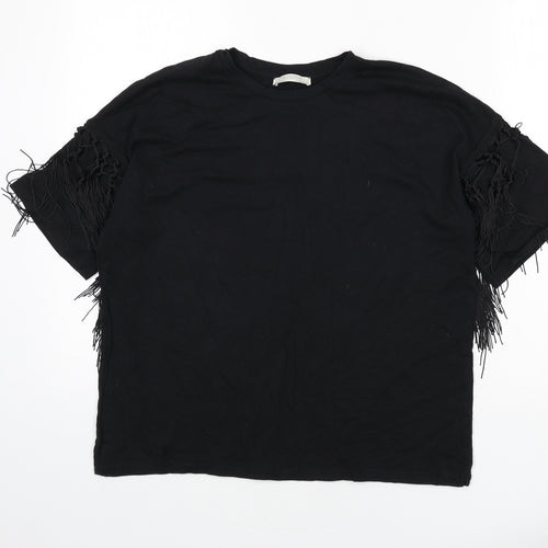 Zara Womens Black Polyester Basic T-Shirt Size M Round Neck - Tassles