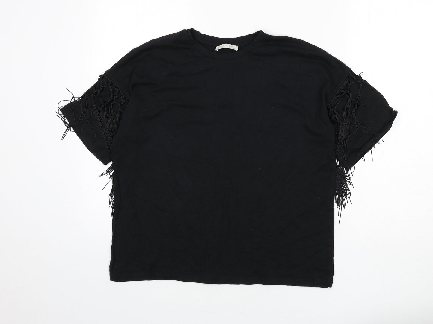 Zara Womens Black Polyester Basic T-Shirt Size M Round Neck - Tassles
