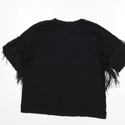 Zara Womens Black Polyester Basic T-Shirt Size M Round Neck - Tassles