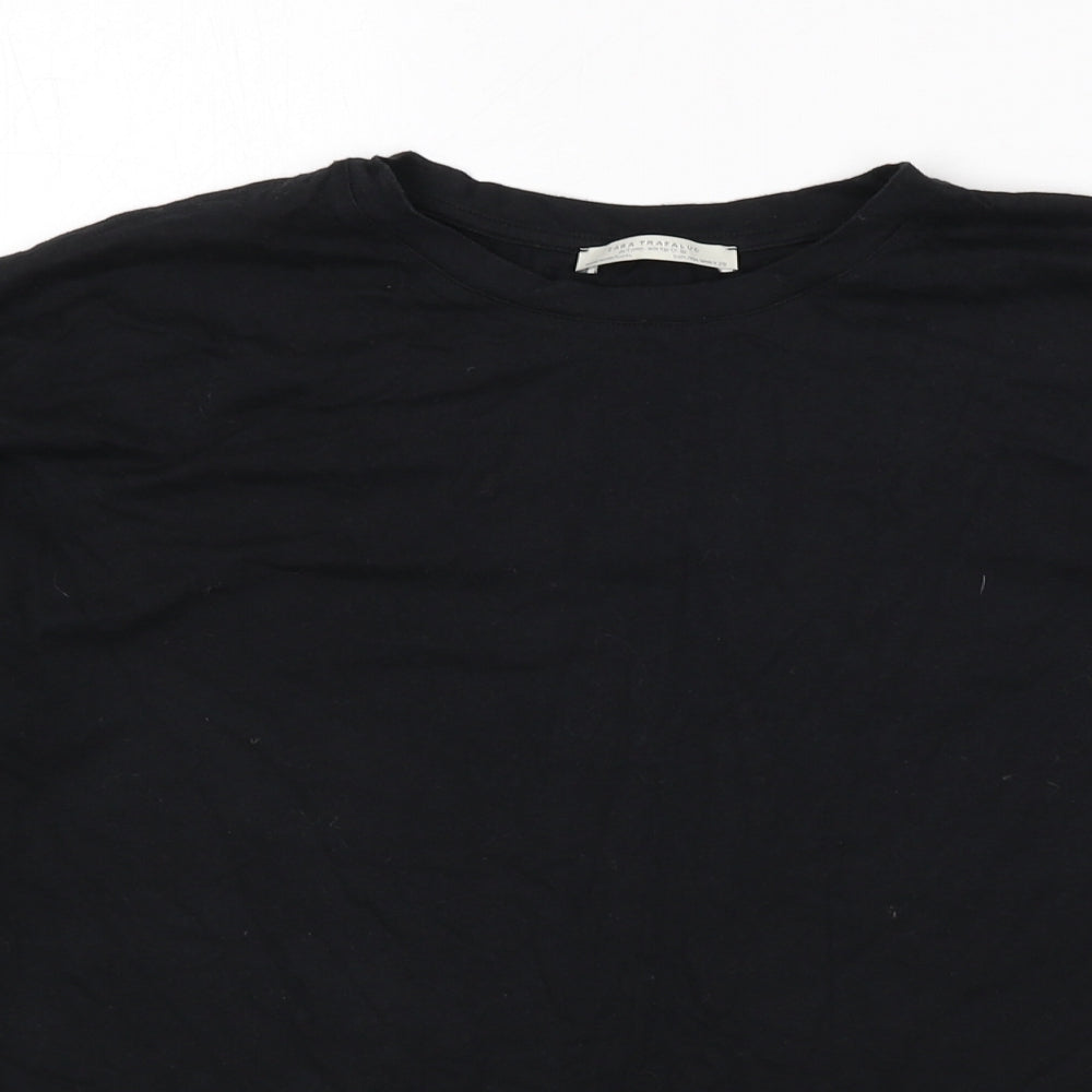 Zara Womens Black Polyester Basic T-Shirt Size M Round Neck - Tassles