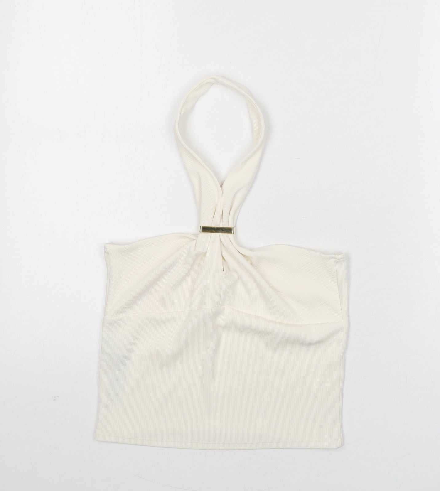 Mango Womens Ivory Polyester Cropped T-Shirt Size S Halter - Ribbed