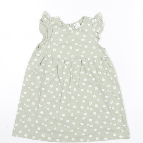 H&M Girls Green Geometric 100% Cotton A-Line Size 3-4 Years Round Neck Button - Daisies