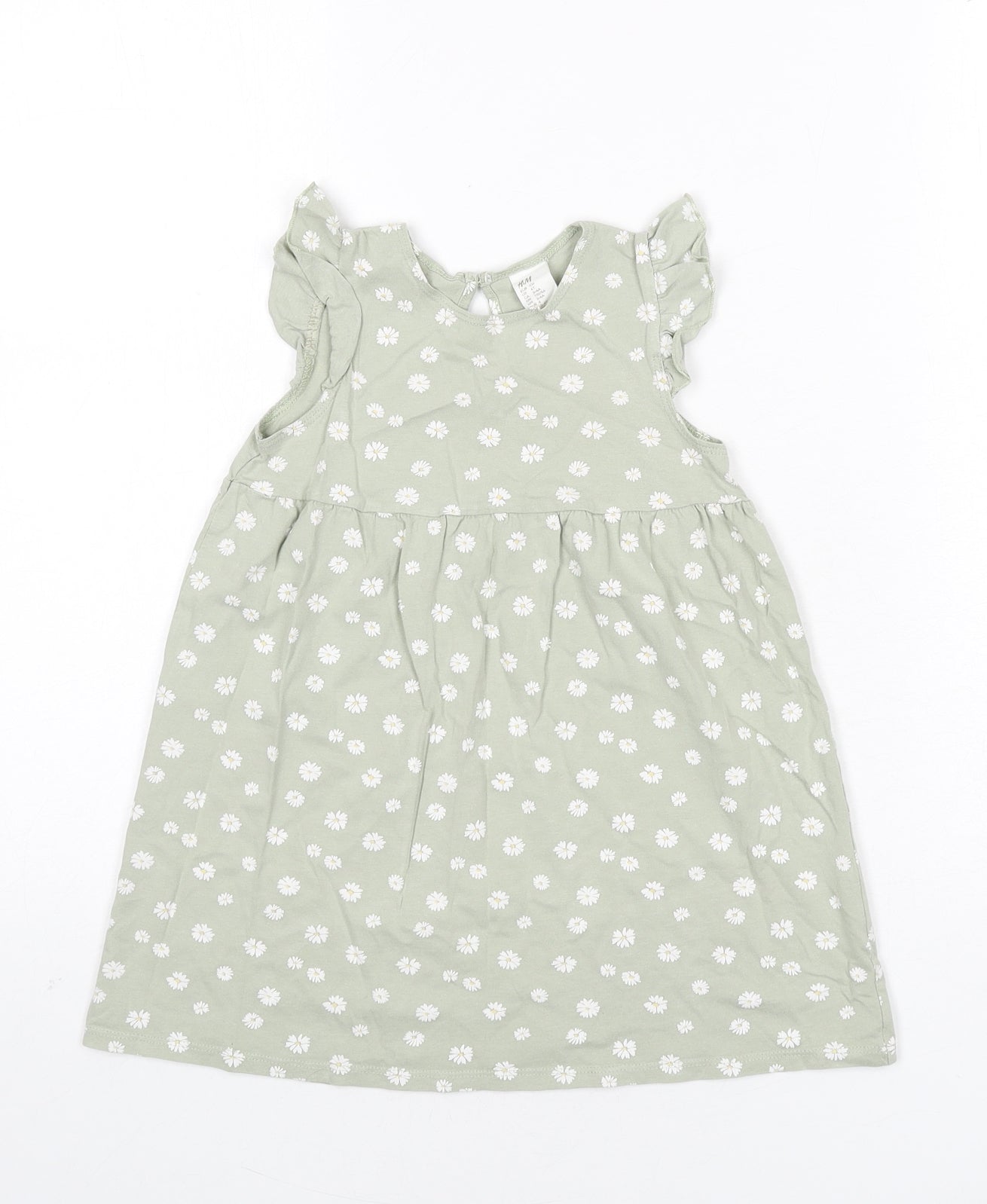 H&M Girls Green Geometric 100% Cotton A-Line Size 3-4 Years Round Neck Button - Daisies