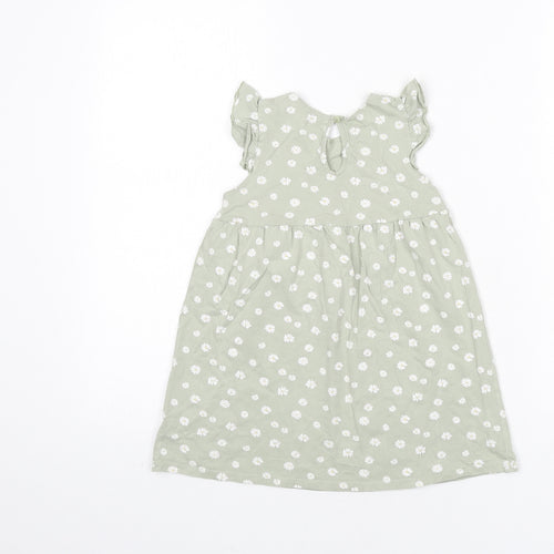 H&M Girls Green Geometric 100% Cotton A-Line Size 3-4 Years Round Neck Button - Daisies