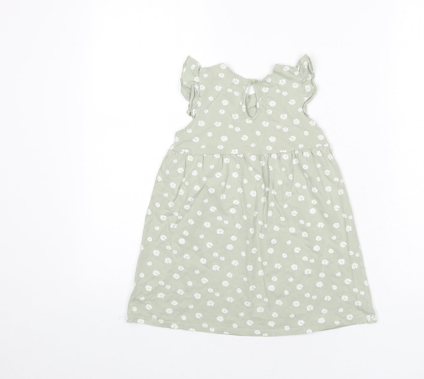 H&M Girls Green Geometric 100% Cotton A-Line Size 3-4 Years Round Neck Button - Daisies