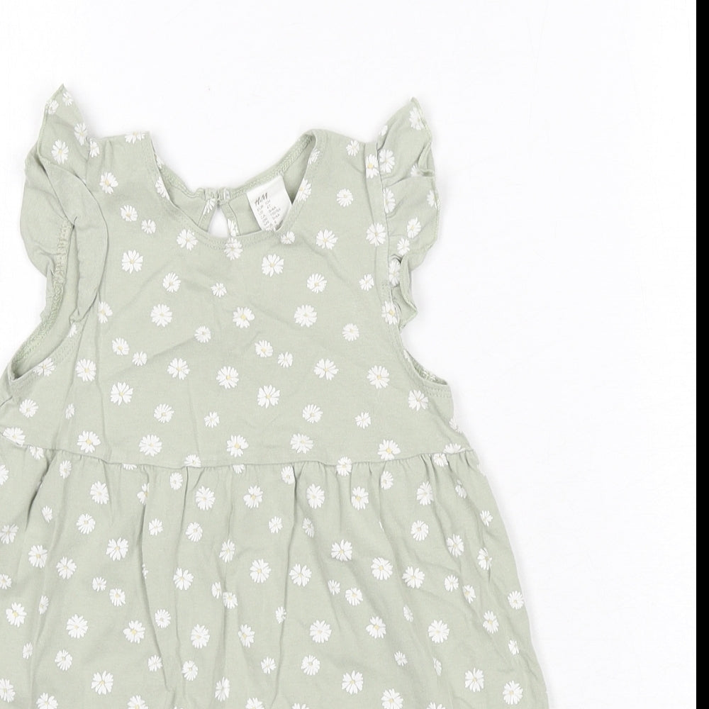 H&M Girls Green Geometric 100% Cotton A-Line Size 3-4 Years Round Neck Button - Daisies