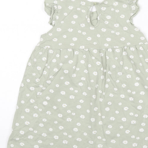 H&M Girls Green Geometric 100% Cotton A-Line Size 3-4 Years Round Neck Button - Daisies