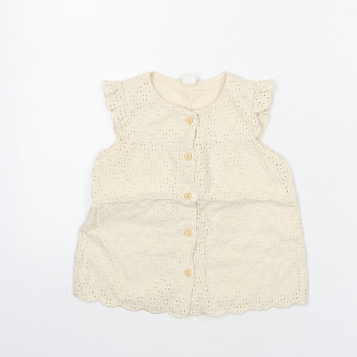 H&M Girls Beige Geometric 100% Cotton Basic Button-Up Size 12-18 Months Round Neck Button - Embroidered Detail