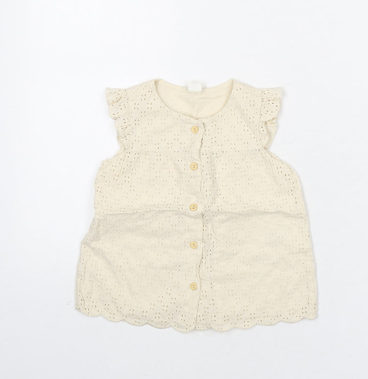 H&M Girls Beige Geometric 100% Cotton Basic Button-Up Size 12-18 Months Round Neck Button - Embroidered Detail