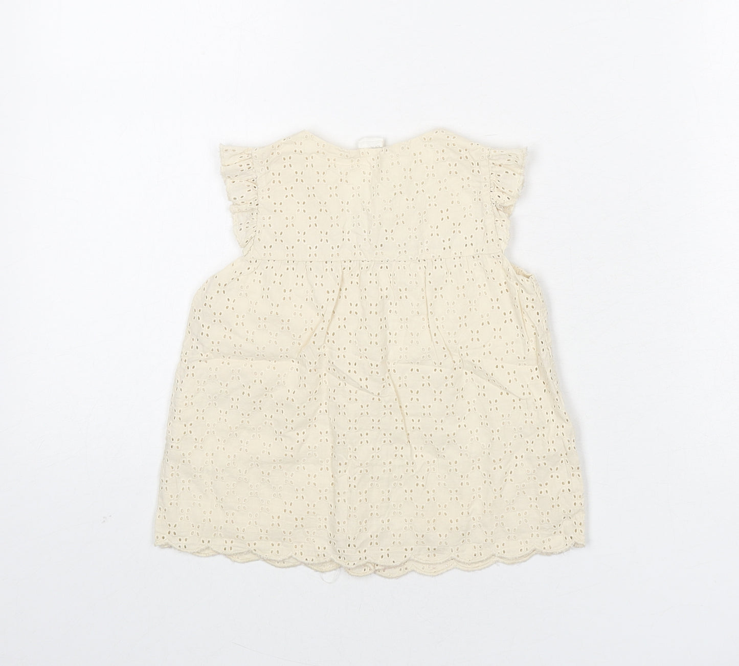 H&M Girls Beige Geometric 100% Cotton Basic Button-Up Size 12-18 Months Round Neck Button - Embroidered Detail