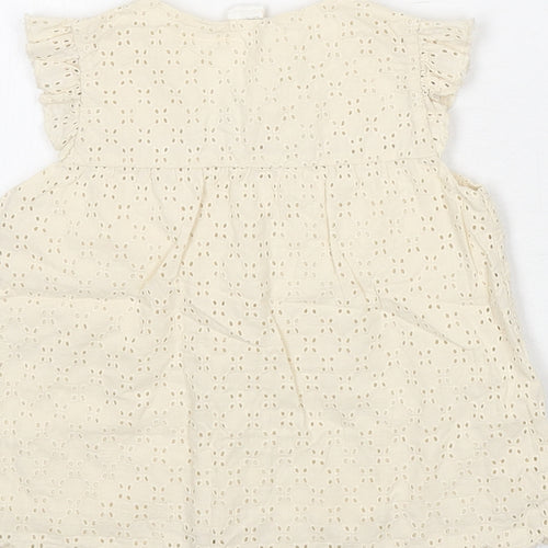 H&M Girls Beige Geometric 100% Cotton Basic Button-Up Size 12-18 Months Round Neck Button - Embroidered Detail