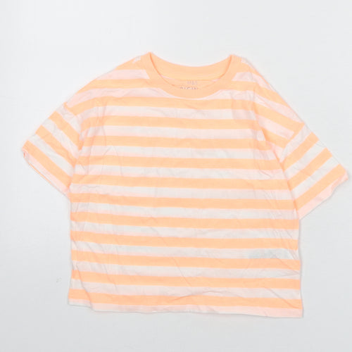 Marks and Spencer Boys Orange Striped Cotton Basic T-Shirt Size 7-8 Years Round Neck Pullover
